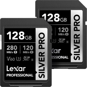 Lexar 128GB 2-Pack Silver PRO SD Card, 280MB/s Read, 4K, V60, U3, UHS-II