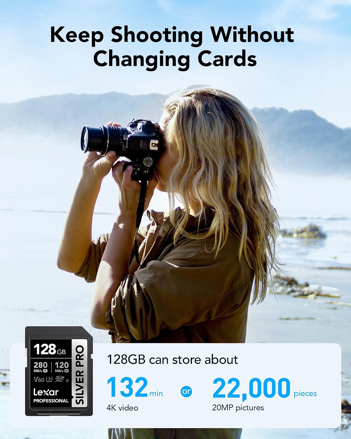 Lexar 128GB 2-Pack Silver PRO SD Card, 280MB/s Read, 4K, V60, U3, UHS-II - Image 2